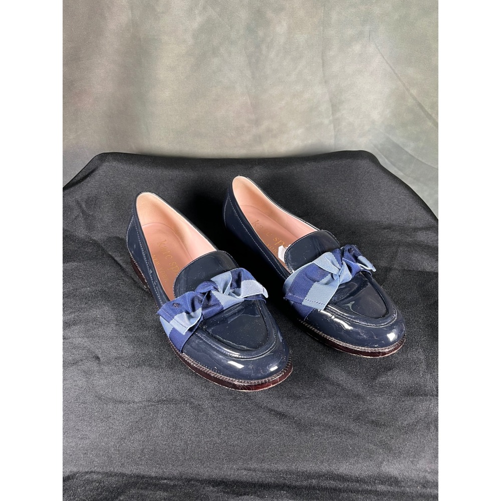 Kate Spade Leandra Navy Patent Leather Bow Loafers Navy Blue Striped Ribbon 8B